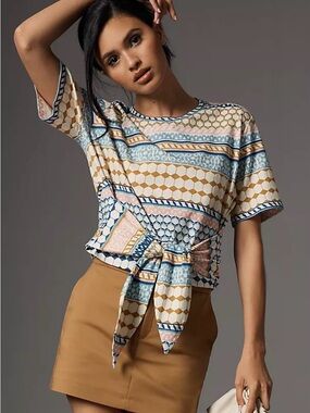 Anthropologie x Le Superbe Cotton Tie-Front Tee in Morrocon Tiles Sz Medium NWOT